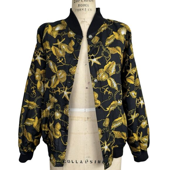 Lauren Brooke Jackets & Blazers - Vintage Lauren Brooke Womens 100% Silk Bomber Jacket M Black Seashells Coastal